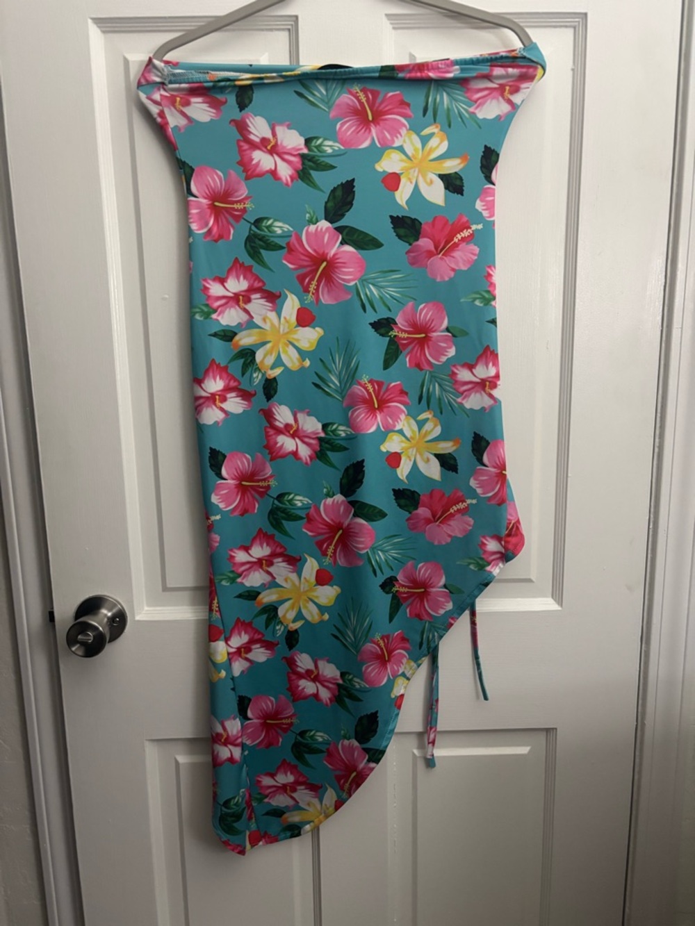CBR Tropical Floral Strapless Dress Blue Pink Ruched Asymmetrical Medium